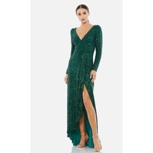 NWT Mac Duggal Emerald Green Sequin Long Sleeve High Slit V Neck Wrap Gown 6